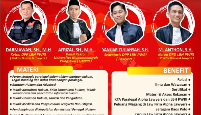 Kabar Gembira bagi Warga Kabupaten Pringsewu dan sekitarnya ! Ikuti Pelatihan Paralegal perdana dan istimewa di Pringsewu