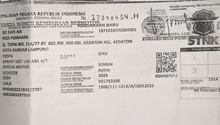 Kehilangan STNK Motor Vespa Sprint Plat BE 2405 AIK di Wilayah Grogol I